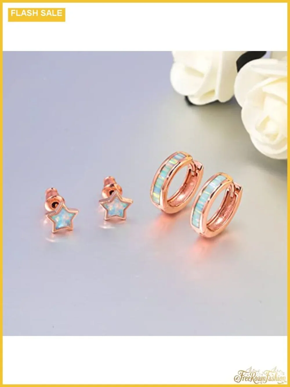 14K White Gold Plated Opal Huggie Hoop Earring Set Hypoallergenic Small Hoops